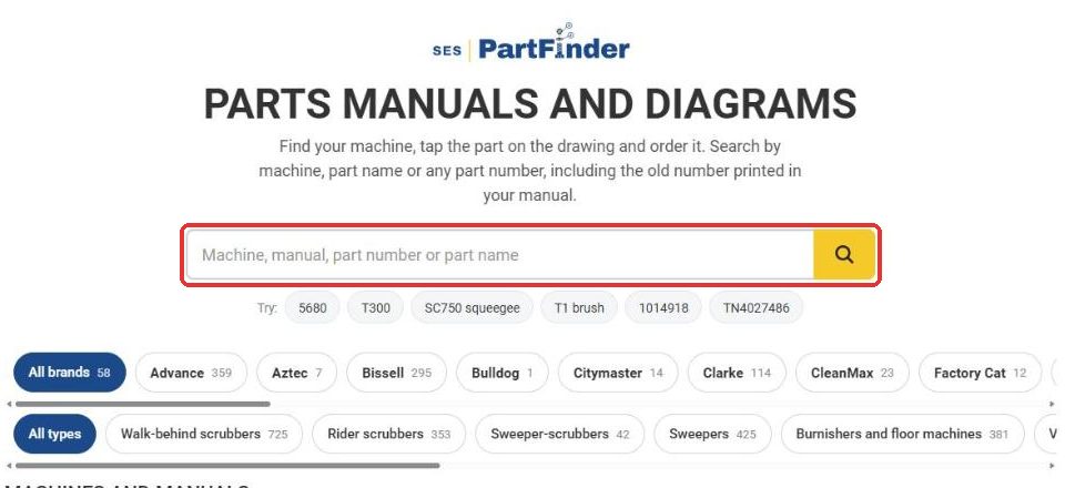 SES PartFinder search box on the Parts Manuals and Diagrams page