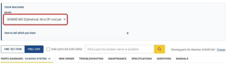 Your Machine model selector on a PartFinder machine page