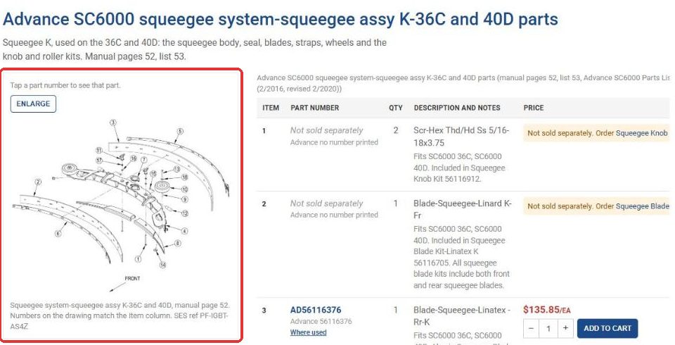Factory drawing next to the parts list with item numbers
