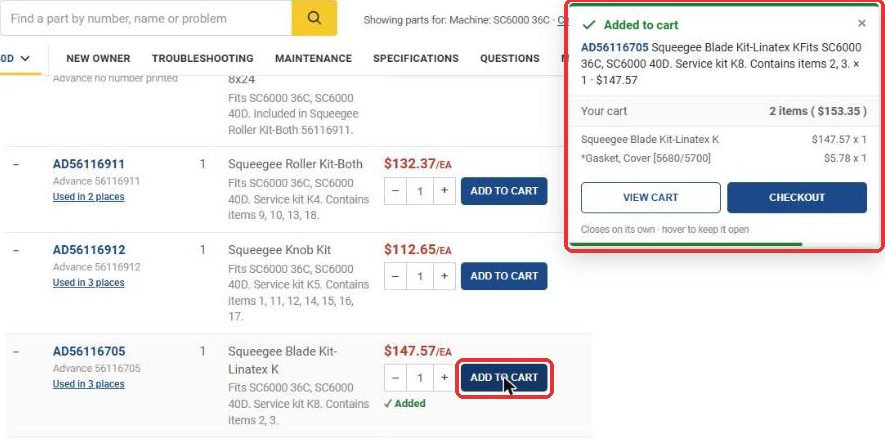 Add to cart on a PartFinder parts row with the added-to-cart confirmation