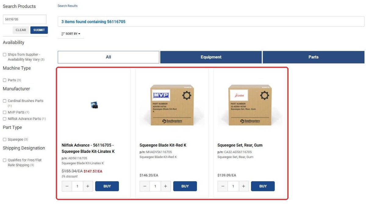Part number search showing the OEM part and aftermarket replacements