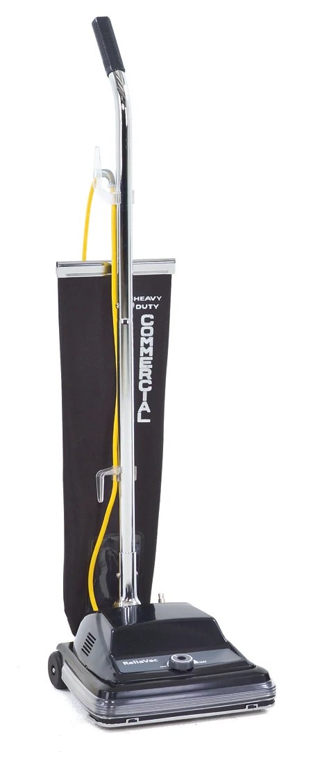 Advance ReliaVac 12 commercial upright vacuum, right side view with bag and yellow cord