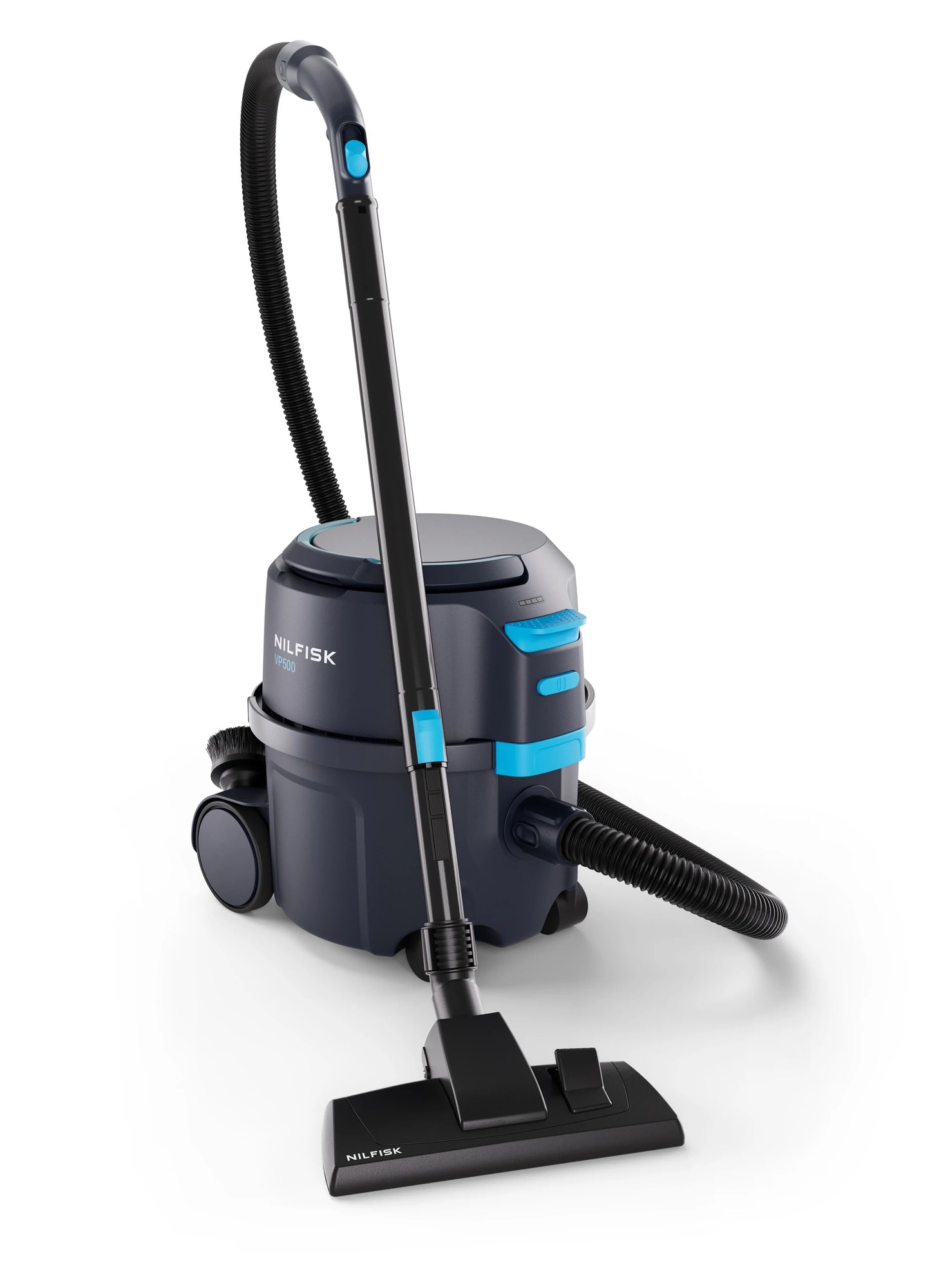 Nilfisk VP500 cordless canister vacuum with hose, telescopic wand and floor nozzle on a white background