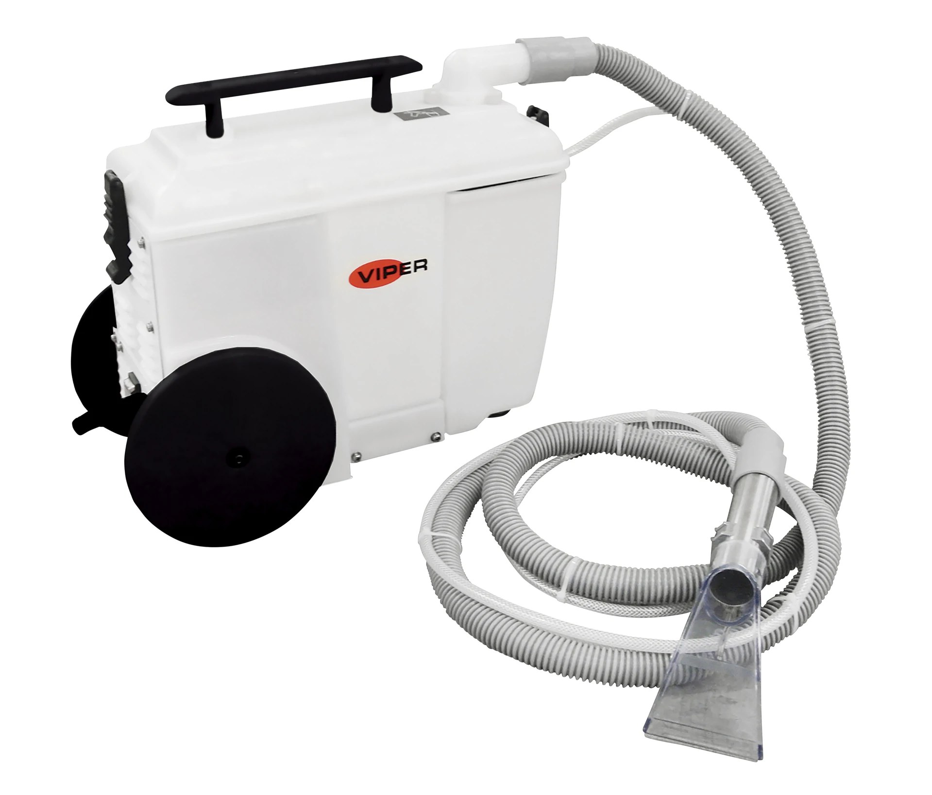 Viper Wolf130 portable carpet spotter with vacuum and solution hoses and clear hand tool on a white background