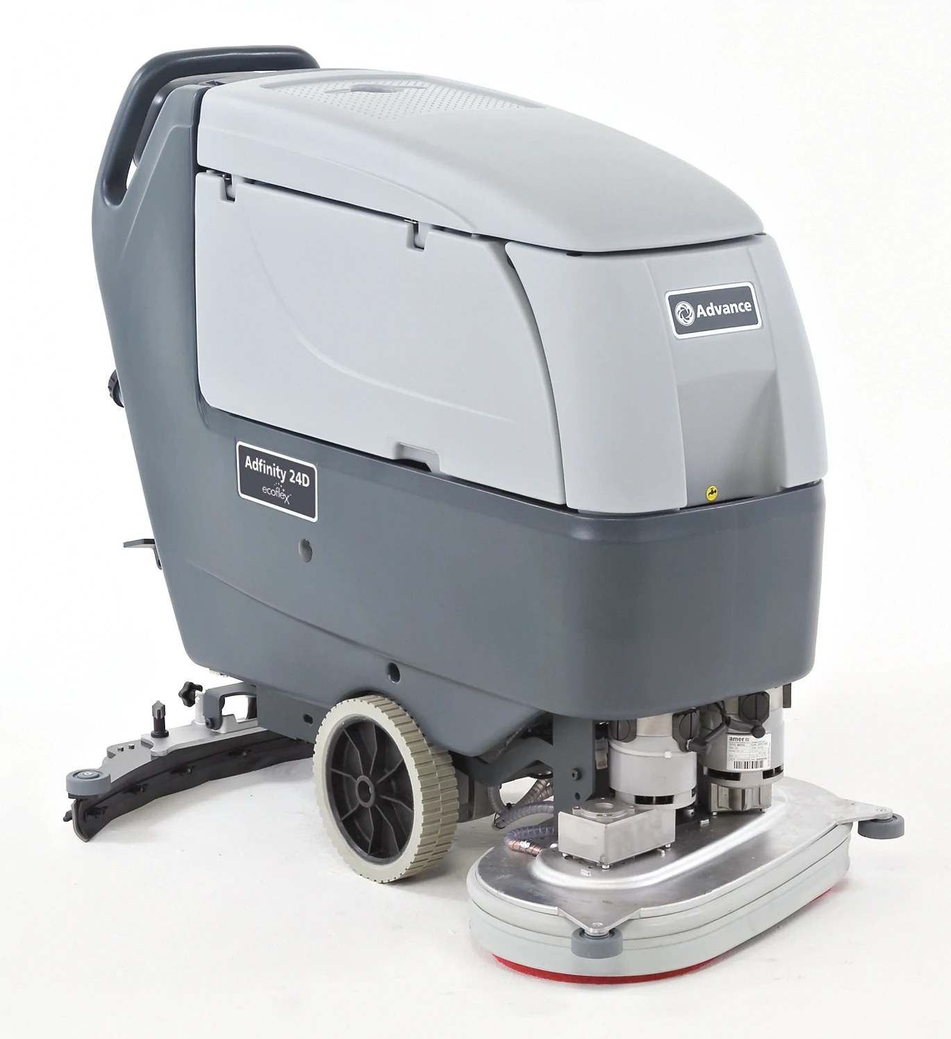 Advance Adfinity X24D EcoFlex walk-behind floor scrubber, right front view showing the dual pad holder deck and squeegee