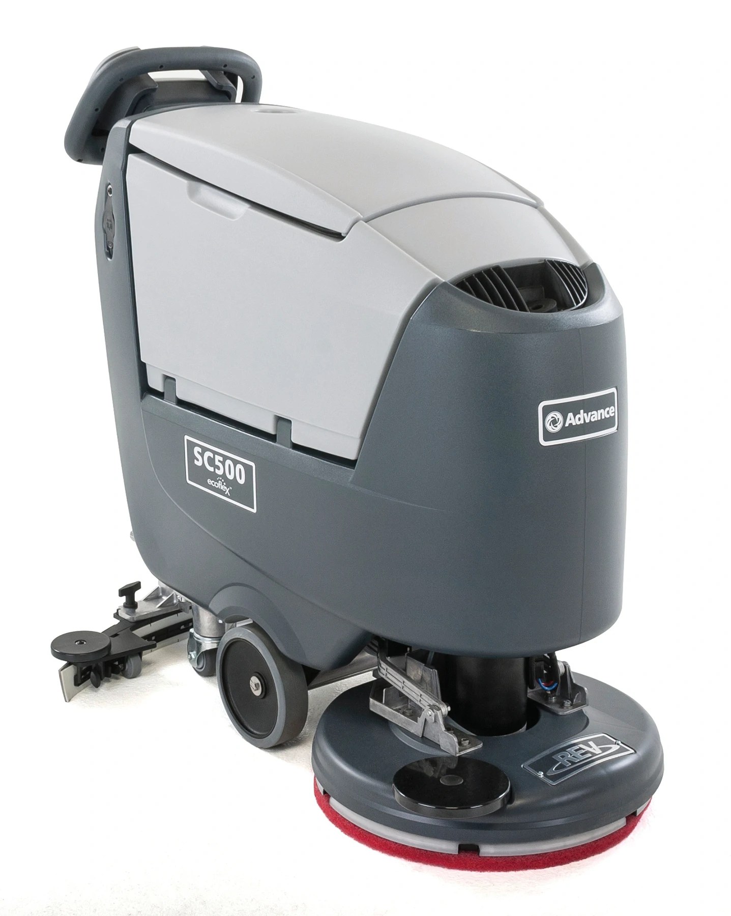 Advance SC500 X20R REV walk-behind scrubber, right front view showing the REV deck