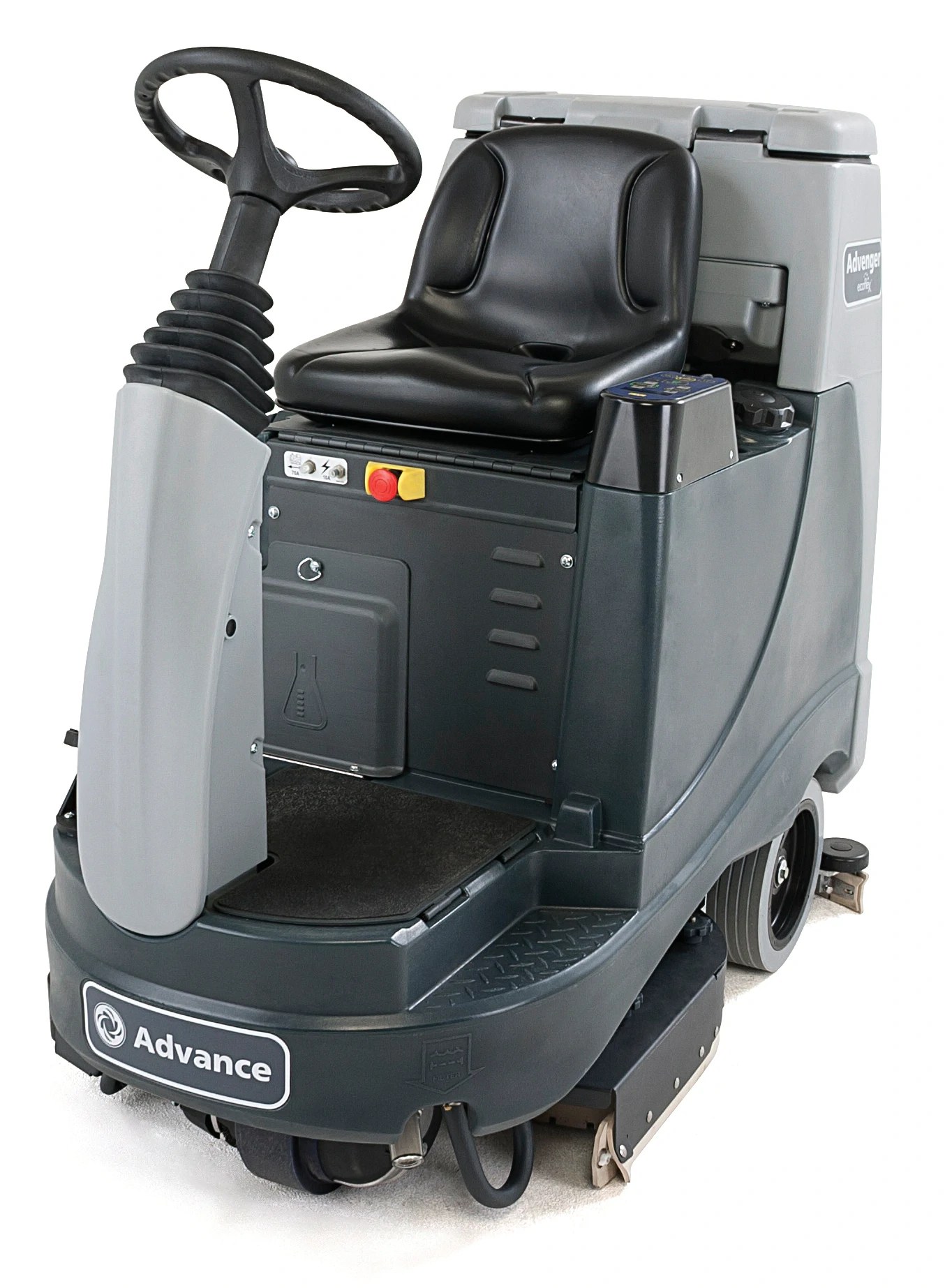 Advance Advenger disc rider scrubber, left front view showing the steering wheel, seat and open operator compartment