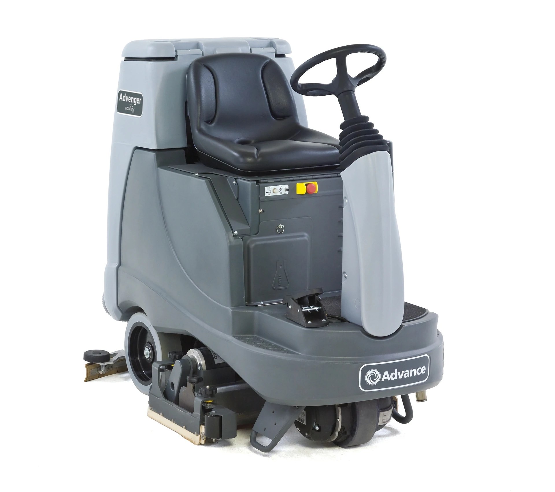 Advance Advenger X2805C cylindrical rider scrubber, right front view showing the seat and steering wheel