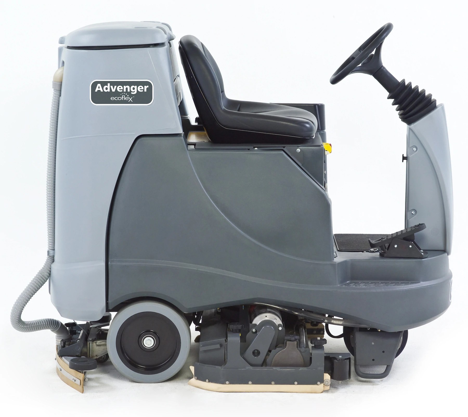 Advance Advenger X2805C cylindrical rider scrubber, right side profile showing the scrub deck and rear squeegee