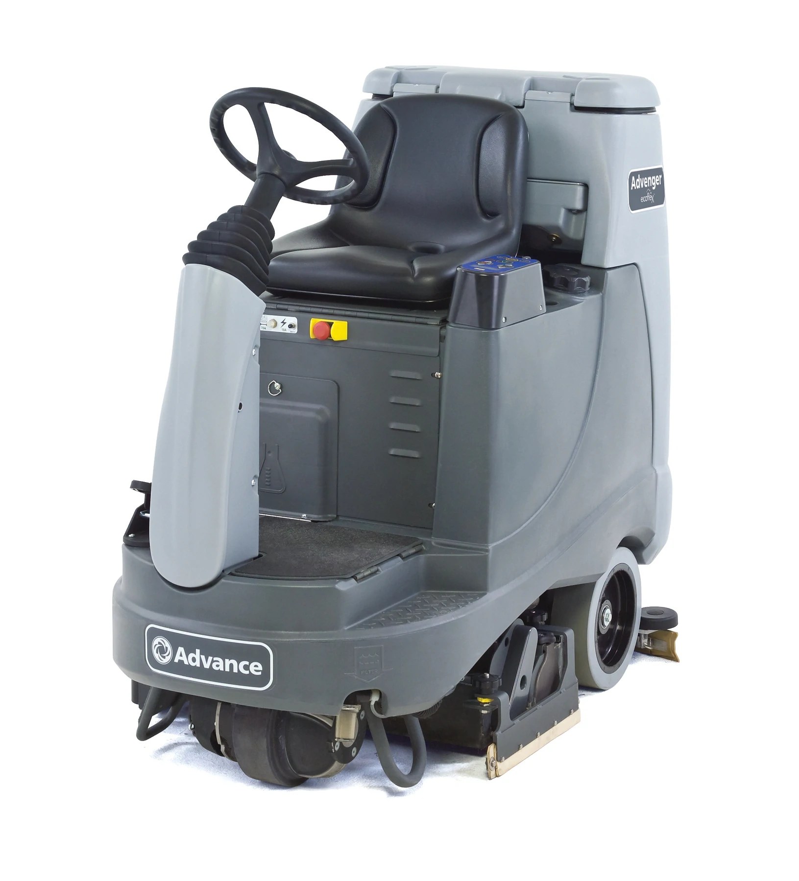 Advance Advenger X2805C cylindrical rider scrubber, left front view showing the open operator compartment