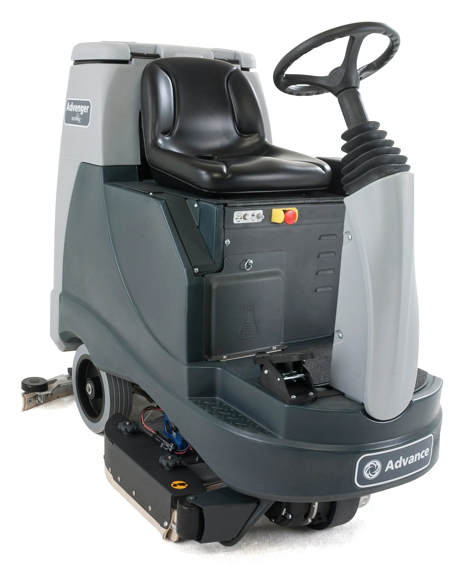 Advance Advenger X3405D disc rider scrubber, right front view showing the seat, steering wheel, emergency stop and low step