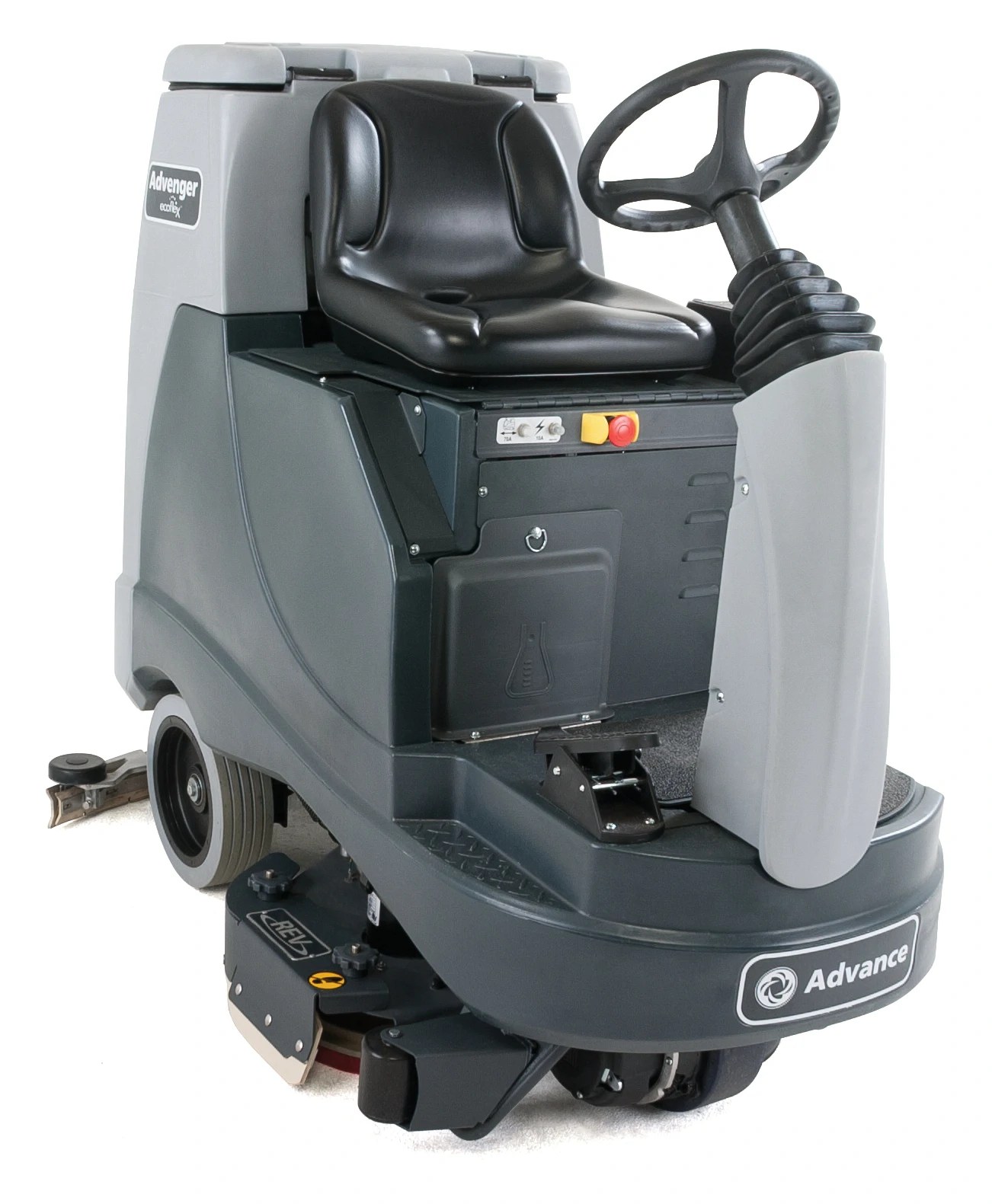 Advance Advenger X2805R REV rider scrubber, right front view showing the seat, steering wheel and low step