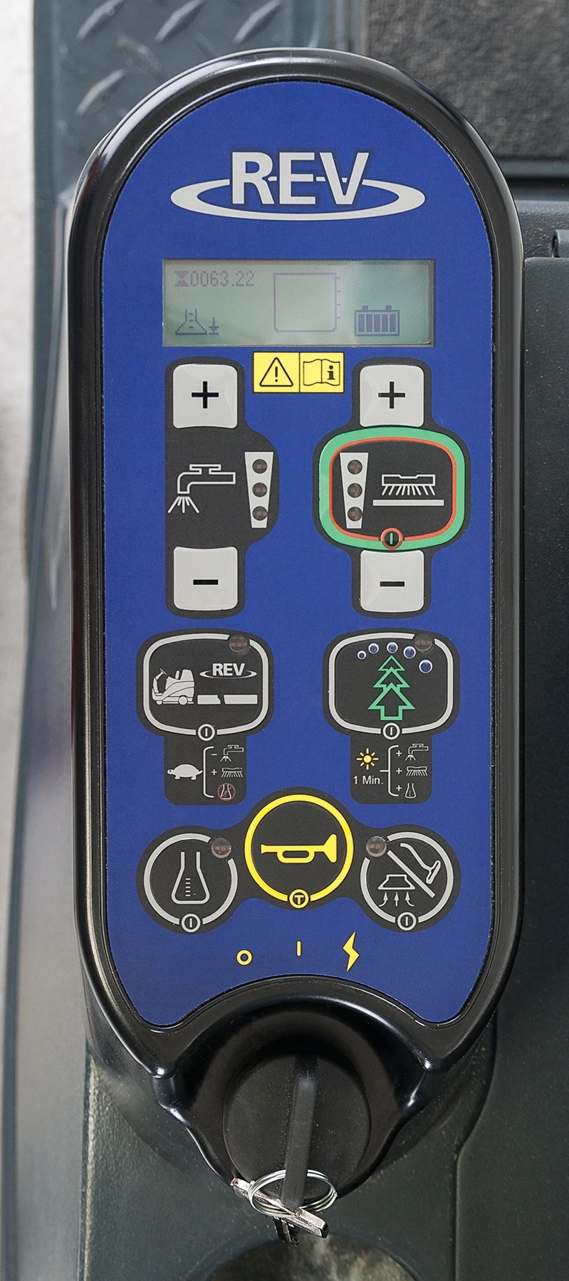 Advenger REV control panel with scrub, EcoFlex and horn buttons above the key switch