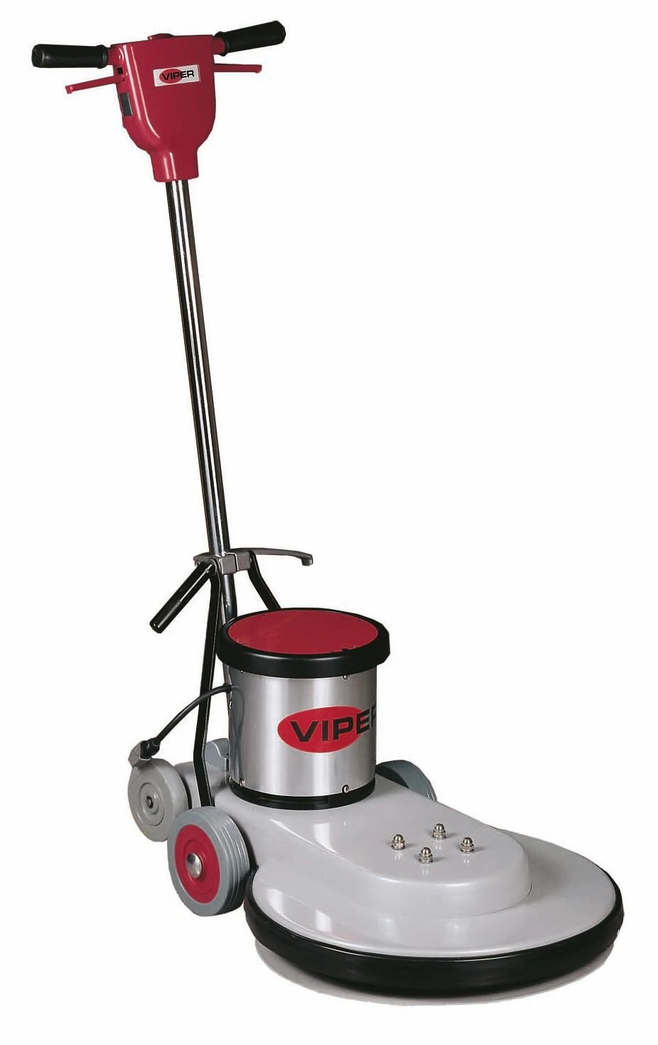 Viper Venom VN1500 high-speed burnisher with red handle, stainless motor housing and transport wheels on a white background