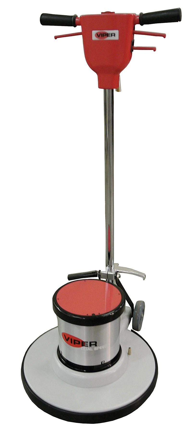 Viper Venom VN20DS floor machine, left side view showing the pad deck, transport wheels and handle