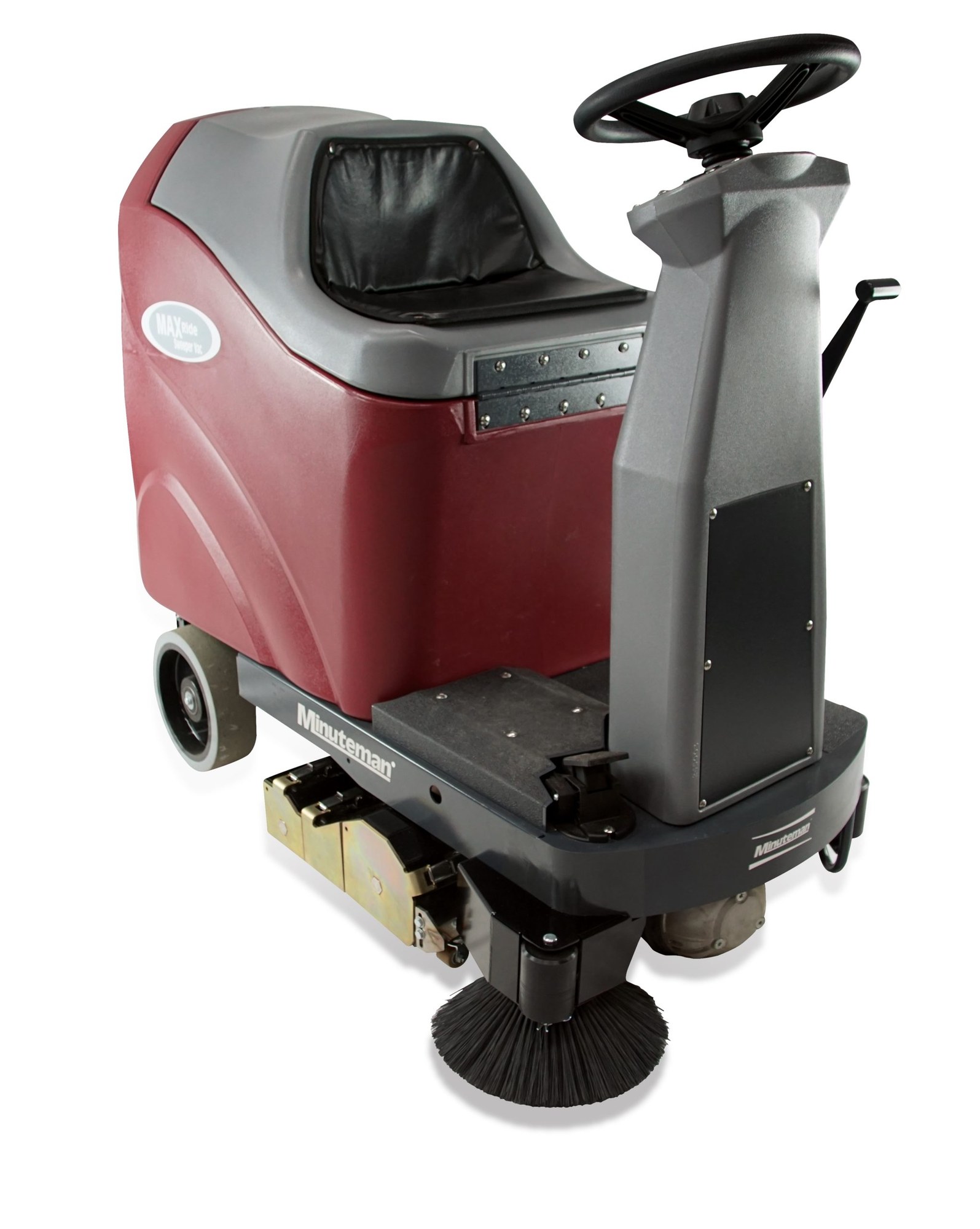 Minuteman Max Ride 20 Sweeper Vac ride-on sweeper vacuum, front three-quarter view showing the seat, steering column and side broom