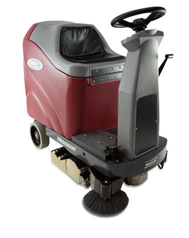 Minuteman Max Ride 20 Sweeper Vac, front right view showing the operator platform and side broom