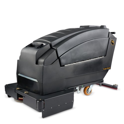 NSS Wrangler 2730 DB walk-behind floor scrubber, front three-quarter view showing the recovery tank, offset scrub deck and squeegee