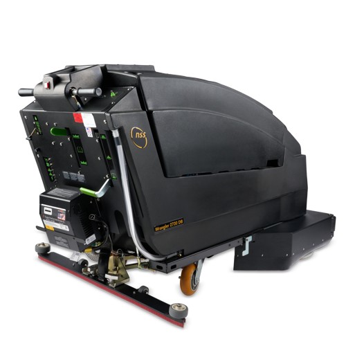 NSS Wrangler 2730 DB scrubber, rear three-quarter view showing the control panel, handles, onboard charger and curved squeegee