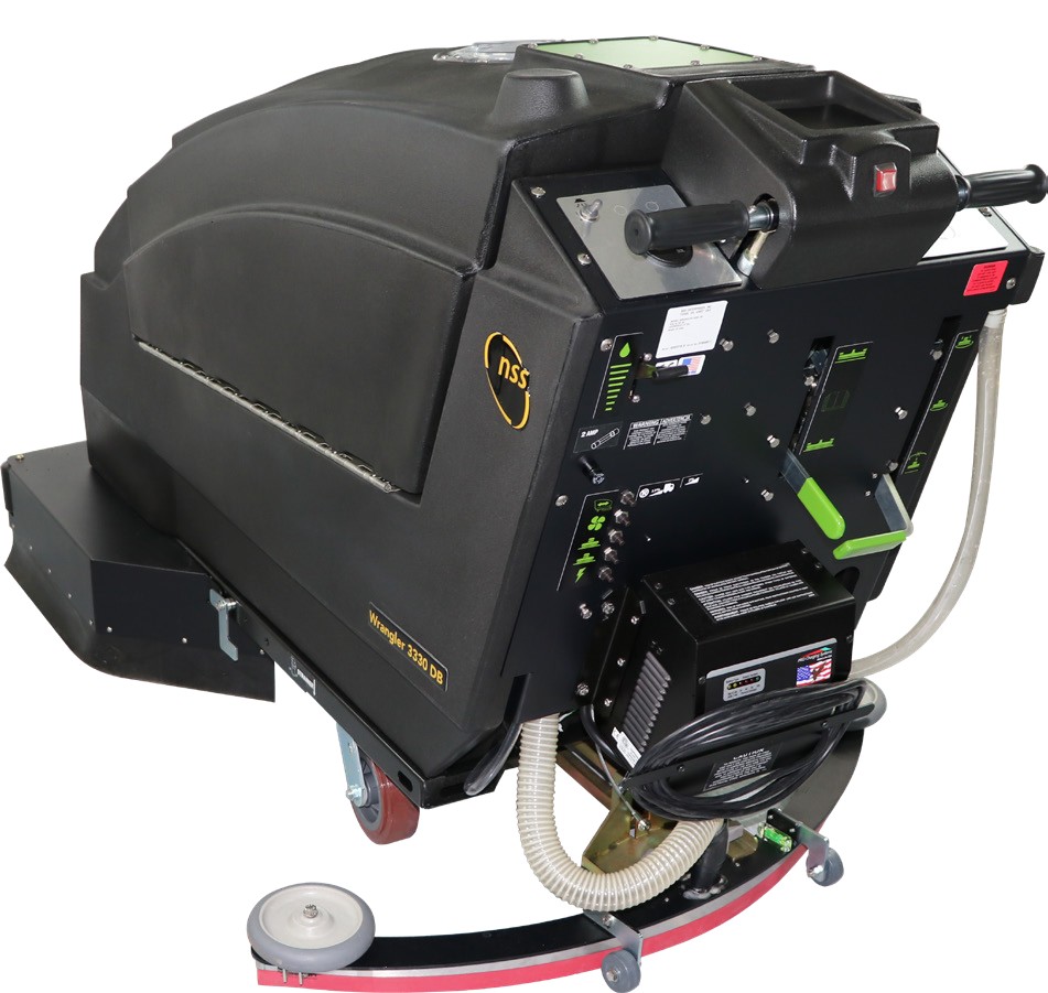 NSS Wrangler 3330 DB walk-behind floor scrubber, rear three-quarter view showing the control panel, handles, onboard charger and curved squeegee