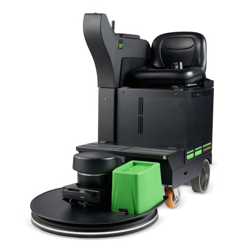NSS eForce ride-on battery burnisher, front three-quarter view showing the operator seat, control tower and front-mounted 27 in burnishing head