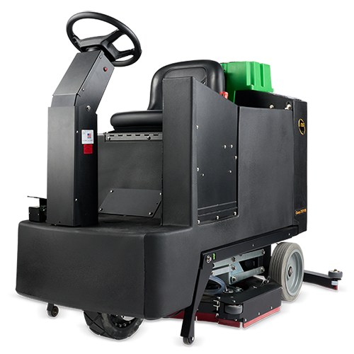 NSS Champ 2929 ride-on floor scrubber, front three-quarter view showing the steering wheel, operator seat and scrub deck