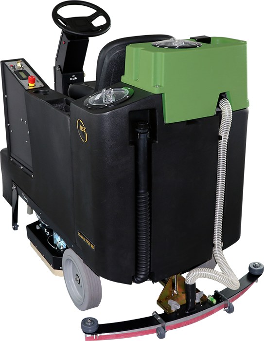 NSS Champ 2929 rider scrubber, rear view showing the recovery tank lid, vacuum hose and curved rear squeegee