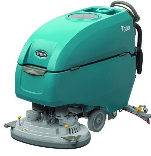 Tennant T500e walk-behind floor scrubber, front right view showing the dual disk scrub deck and squeegee
