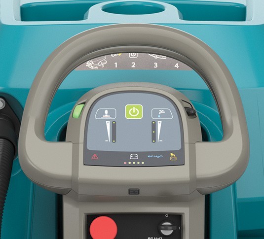 Tennant T500e handle and control panel with the 1-STEP button and red emergency stop
