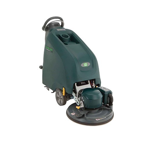 Nobles SpeedGleam 5 battery walk-behind burnisher, front three-quarter view showing the 20 in pad head and handle