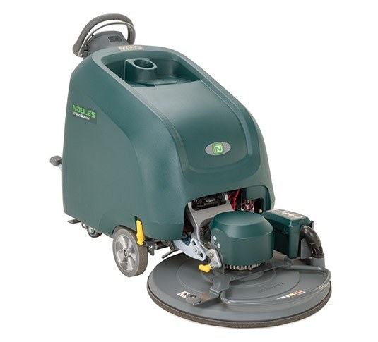 Nobles SpeedGleam 7 battery walk-behind burnisher, right side view showing the burnishing head and pad motor