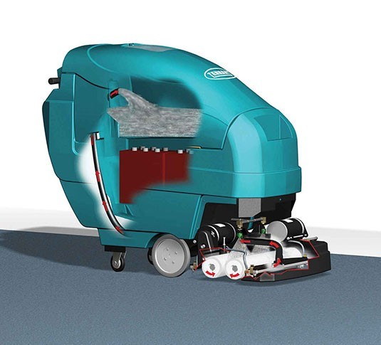 Tennant 1610 cutaway illustration showing the tanks, vacuum system and counter-rotating rollers