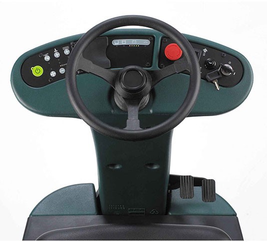 Nobles Speed Scrub Rider operator station with the steering wheel and one-button control console