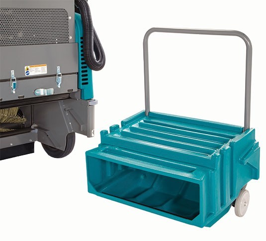 Tennant 6100 wheeled debris hopper rolled out of the sweeper on its handle