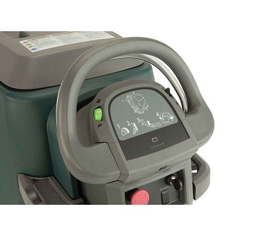 Nobles Speed Scrub 300 operator handle and control panel with the green start button and red emergency stop