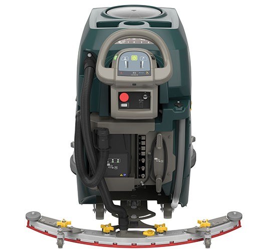 Nobles Speed Scrub 500 rear view showing the control panel, emergency stop, drain hoses and curved rear squeegee