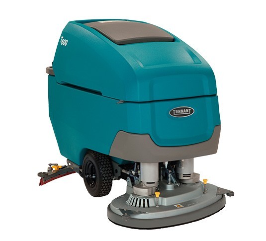 Tennant T600e walk-behind floor scrubber, right side view showing the dual disk scrub deck, squeegee and pneumatic tires