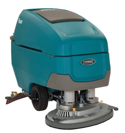 Tennant T600 EE Type EE walk-behind floor scrubber, front left view showing the 32 in dual disk scrub deck