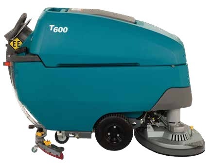 Tennant T600 EE walk-behind scrubber, right side view showing the Type EE label, control handle and squeegee