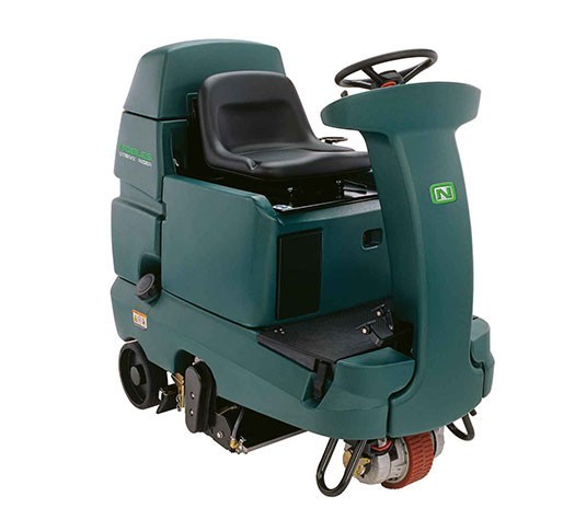 Nobles Strive Rider ride-on carpet extractor, front three-quarter view showing the operator seat, steering wheel and cleaning head