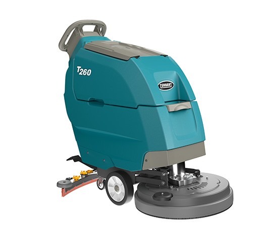 Tennant T260 walk-behind floor scrubber, right side view showing the 20 in scrub head and rear squeegee