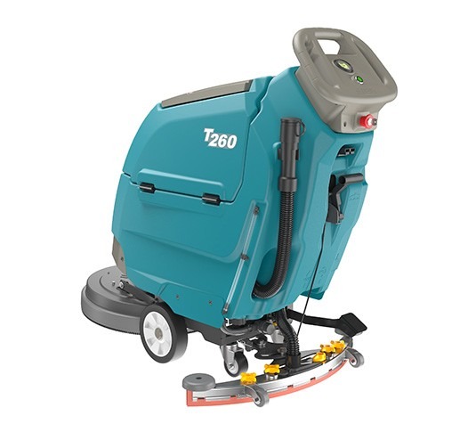 Tennant T260 rear view showing the handle, recovery drain hose and curved squeegee