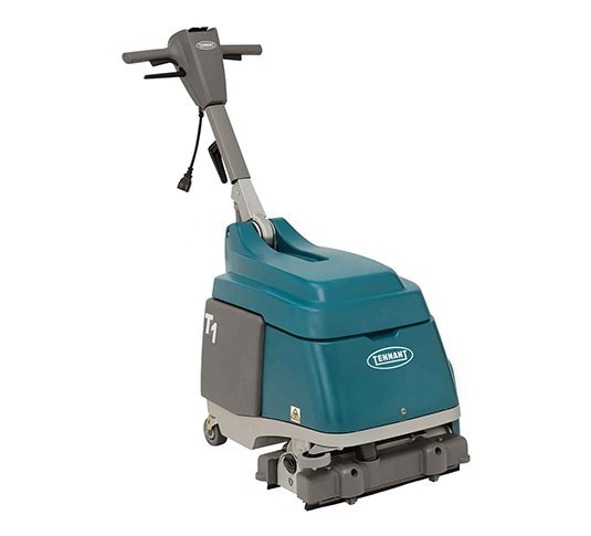 Tennant T1 cord-electric walk-behind micro scrubber, front three-quarter view with the handle raised