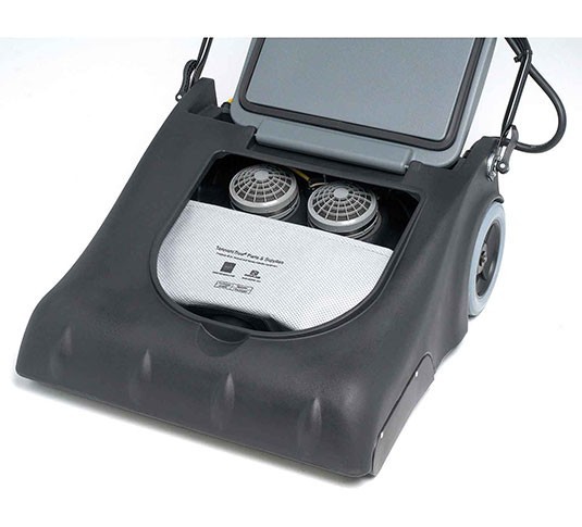 Tennant V-WA-30 with the top open, showing the filter bag and vacuum motor filters
