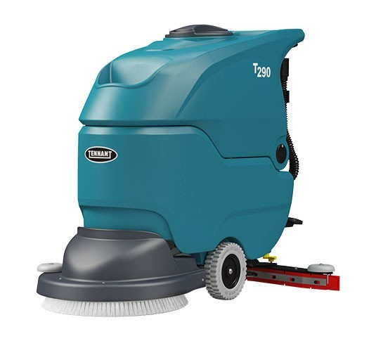 Tennant T290 walk-behind floor scrubber, front left view showing the 20 in scrub deck and squeegee