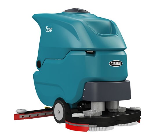 Tennant T390 walk-behind floor scrubber, right side view showing the 28 in dual-disk deck