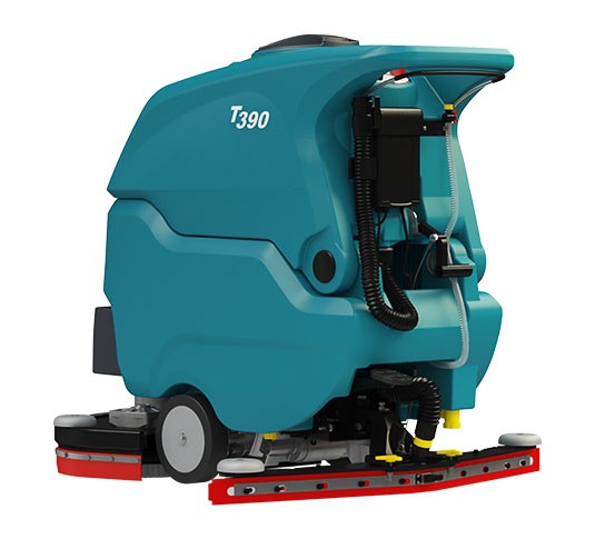 Tennant T390 rear left view showing the operator handle, recovery hose and V-shaped squeegee