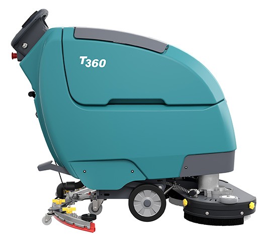 Tennant T360 walk-behind floor scrubber, right side view showing the 28 in dual-disk deck and rear squeegee