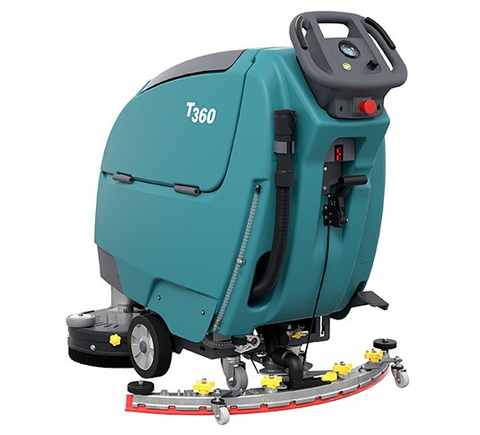 Tennant T360 rear left view showing the operator handle, controls and parabolic squeegee