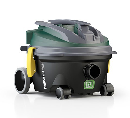 Nobles Denali-12 dry canister vacuum, right side view showing the green and black housing, yellow latches and rear wheels
